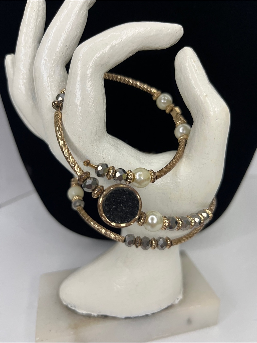 Gold-Tone Triple Wrap Bracelet with Black Druzy and Pearls